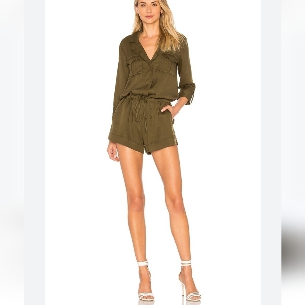 Bobi Black Drawstring Romper in Army Green Small Utility Pockets Tencel Revolve